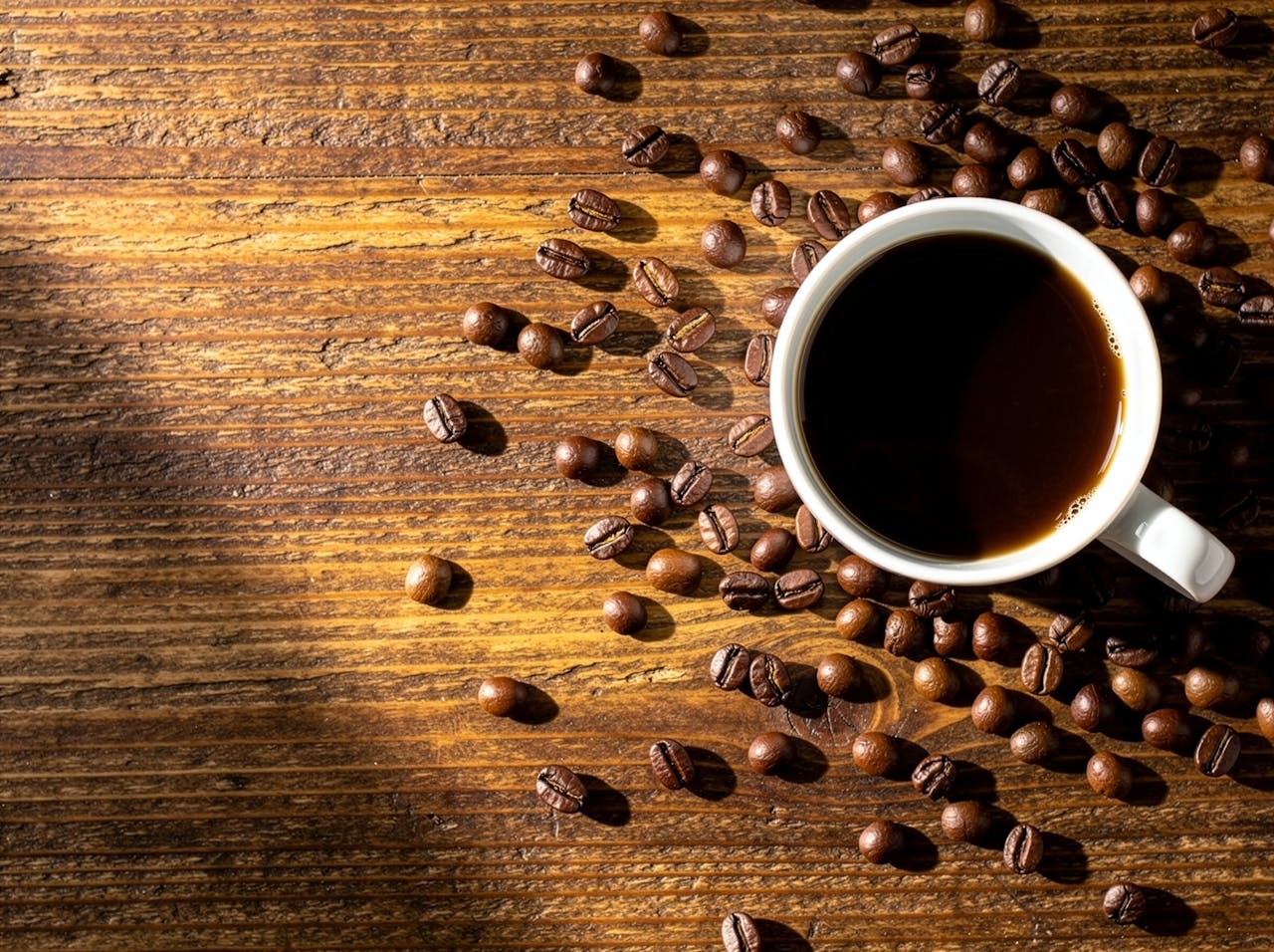 Home Coffee cup and beans on wooden table, creating a cozy autumn vibe.